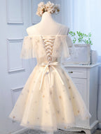 Round Neck Off the Shoulder Short Champagne Prom Dress, Short Champagne Graduation Dresses