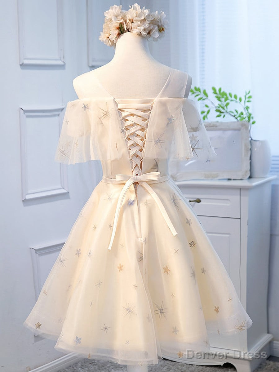 Round Neck Off the Shoulder Short Champagne Prom Dress, Short Champagne Graduation Dresses