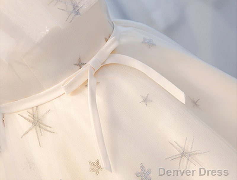 Round Neck Off the Shoulder Short Champagne Prom Dresses, Short Champagne Graduation Dress