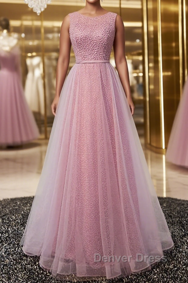 Round Neck Pink Beaded Long Prom Dress, Pink Long Prom Dresses Main image