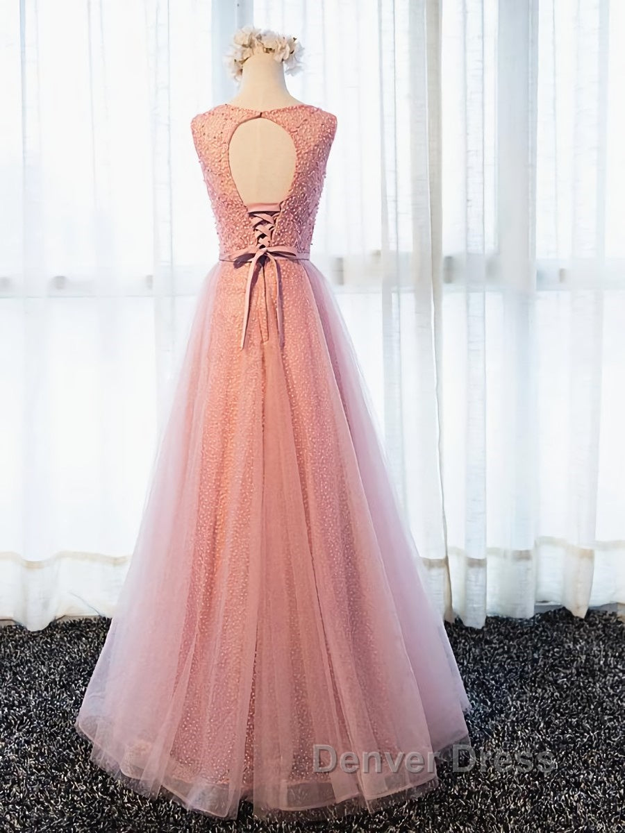 Round Neck Pink Beaded Long Prom Dress, Pink Long Prom Dresses