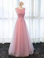 Round Neck Pink Beaded Long Prom Dress, Pink Long Prom Dresses