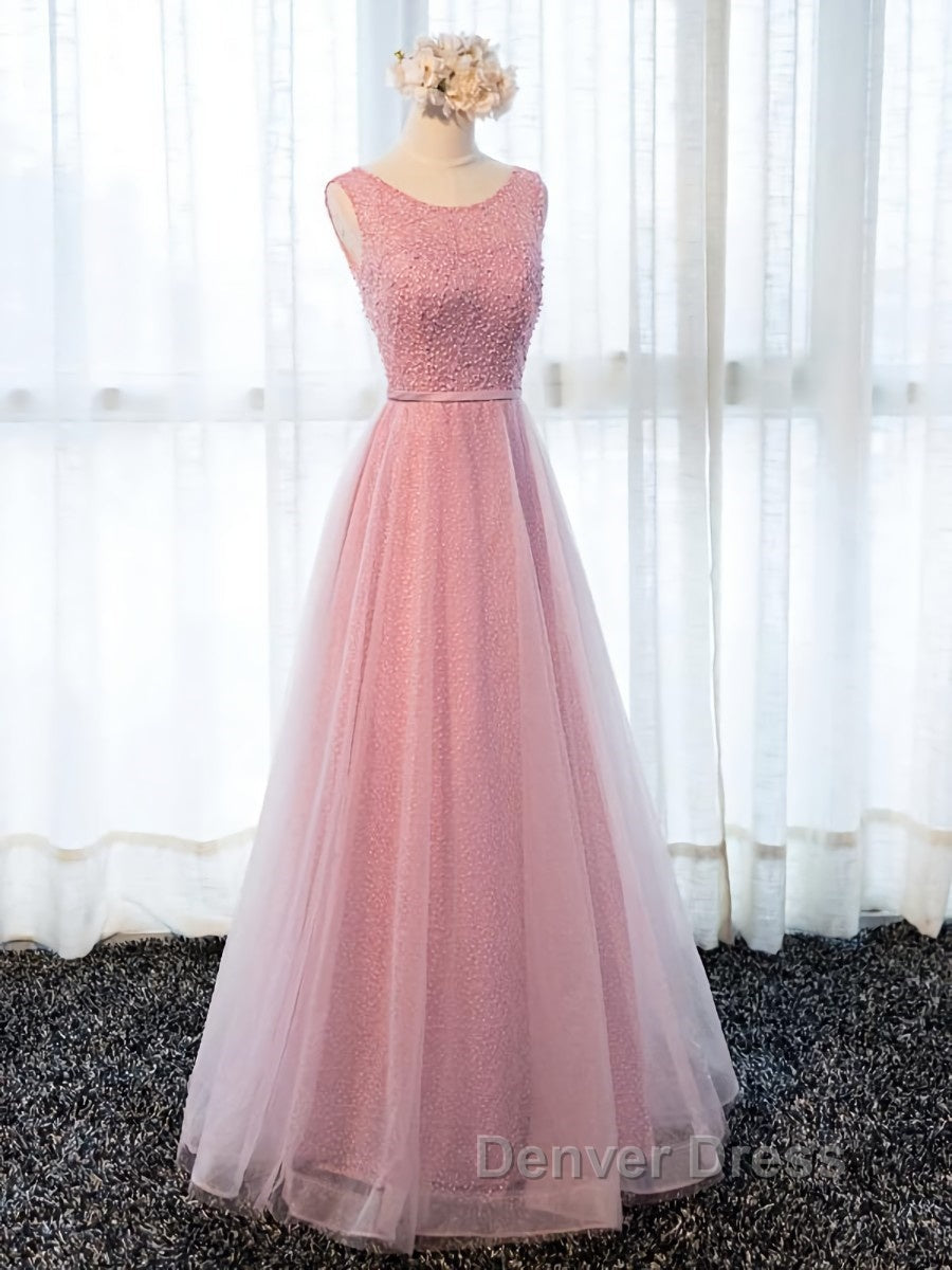 Round Neck Pink Beaded Long Prom Dress, Pink Long Prom Dresses
