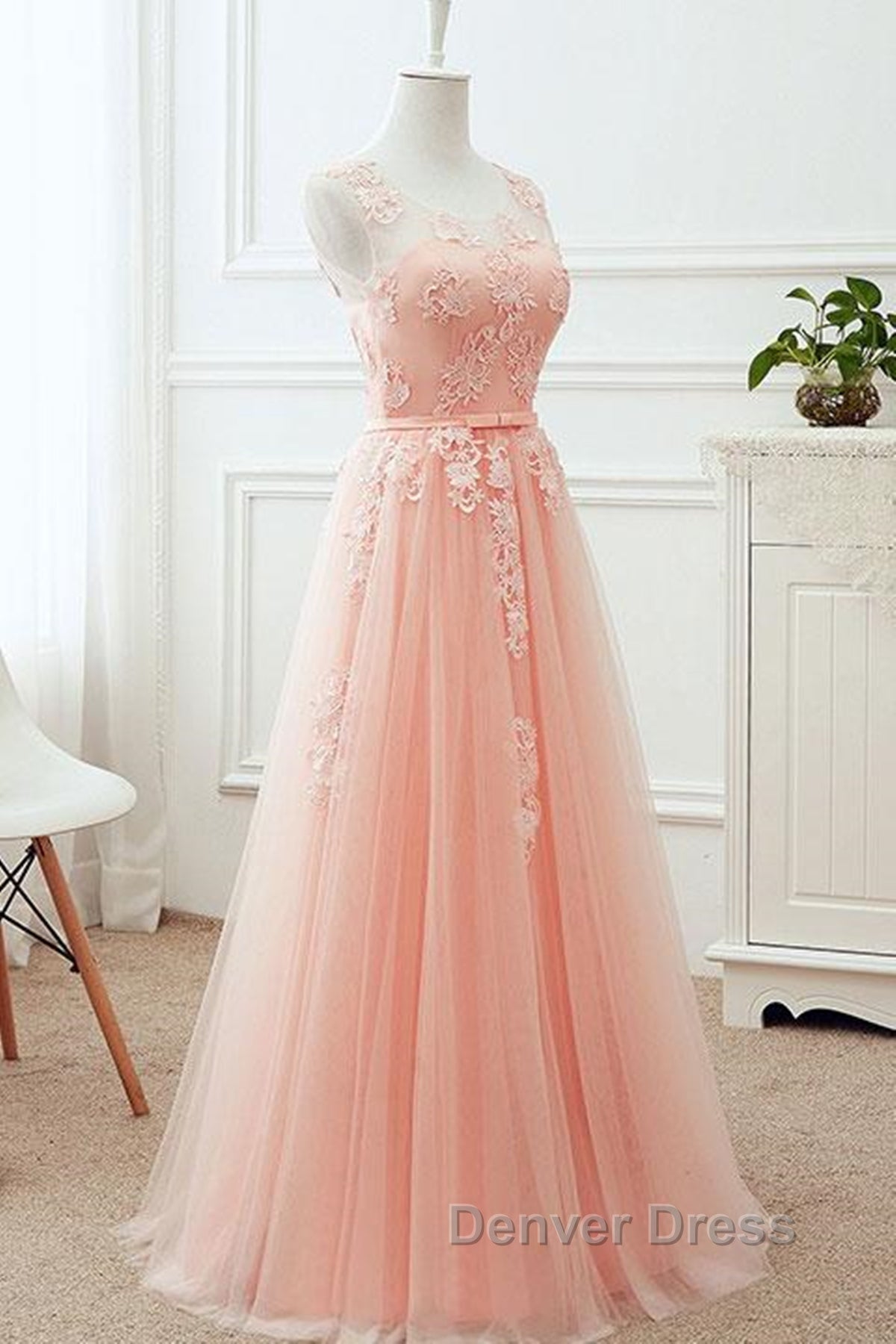 Round Neck Pink Lace Long Prom Dress, Pink Lace Bridesmaid Dresses Secondary image