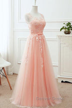 Round Neck Pink Lace Long Prom Dress, Pink Lace Bridesmaid Dresses