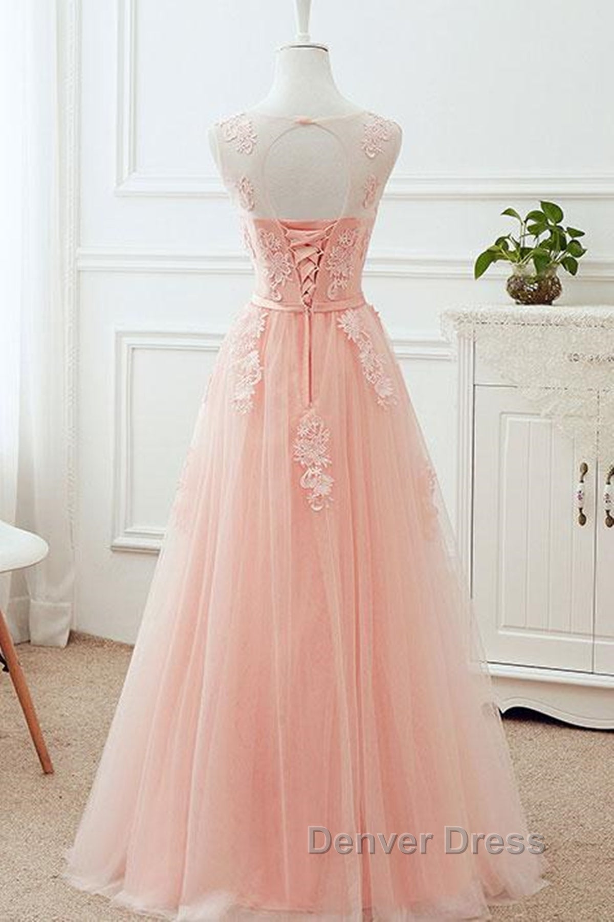Round Neck Pink Lace Long Prom Dress, Pink Lace Bridesmaid Dresses