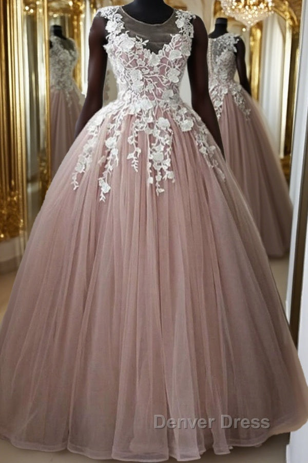 Round Neck Pink Lace Long Prom Gowns, Long Pink Lace Prom Dresses, Pink Ball Gowns
