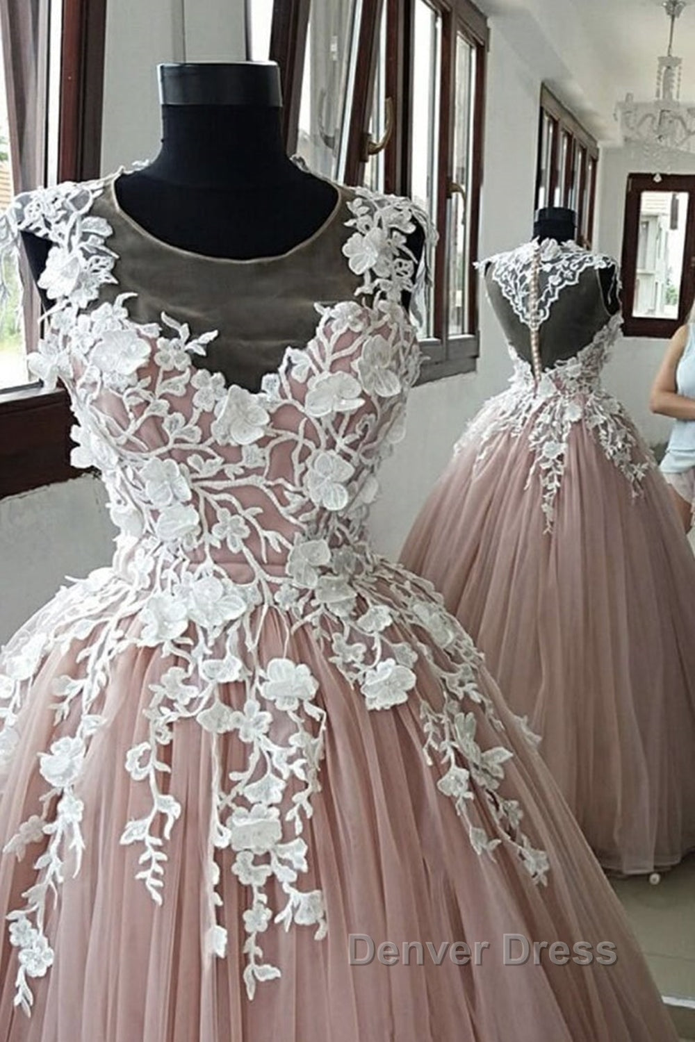 Round Neck Pink Lace Long Prom Gowns, Long Pink Lace Prom Dresses, Pink Ball Gowns