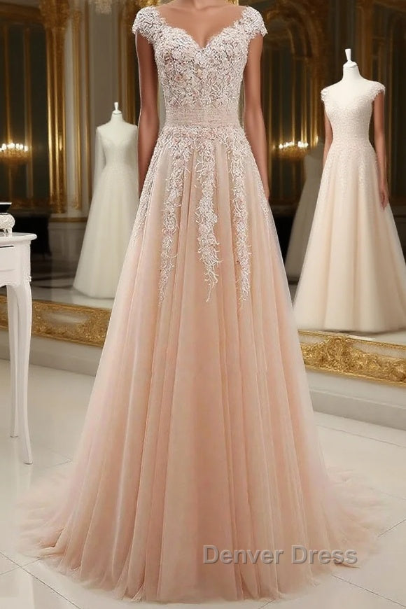 Round Neck Pink Lace Prom Dress, Pink Lace Prom Dresses Main image