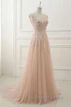Round Neck Pink Lace Prom Dress, Pink Lace Prom Dresses