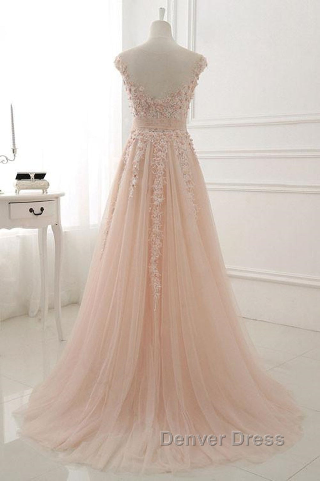 Round Neck Pink Lace Prom Dress, Pink Lace Prom Dresses