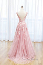 Round Neck Pink Lace Prom Dress, Pink Lace Long Prom Dresses