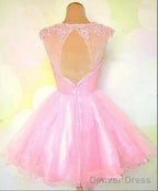 Round Neck Pink Short Lace Prom Dress, Pink Lace Homecoming/Bridesmaid/Graduation Dresses