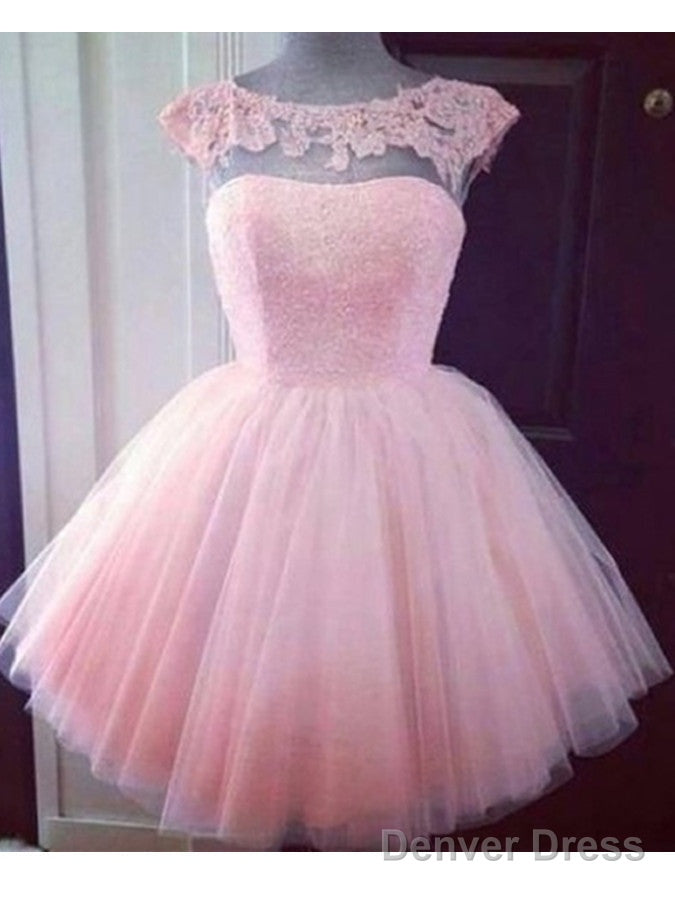 Round Neck Pink Short Lace Prom Dress, Pink Lace Homecoming/Bridesmaid/Graduation Dress Main image