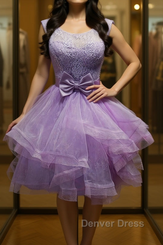Round Neck Purple Lace Short Prom Dress, Lilac Lace Homecoming Dress, Purple Prom Dresses Main image
