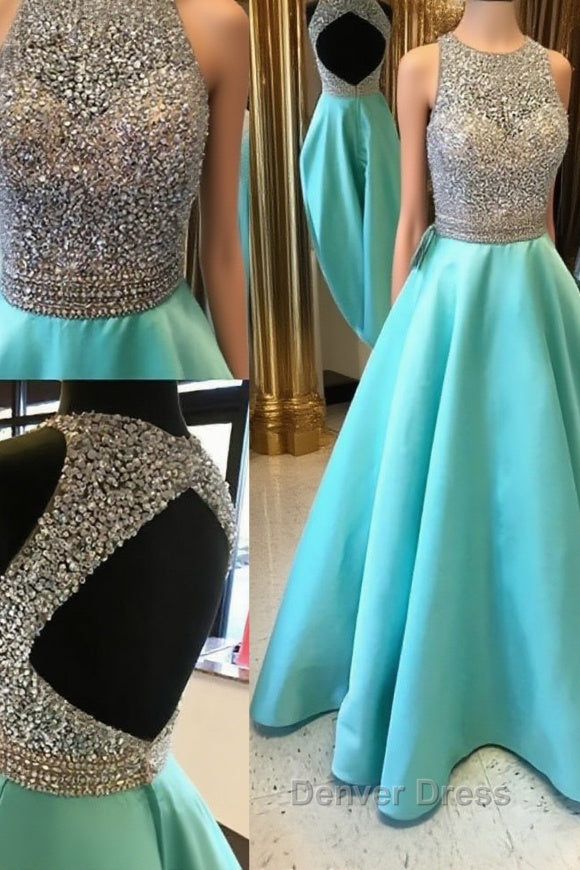 Round Neck Sequin Open Back Green Prom Dress