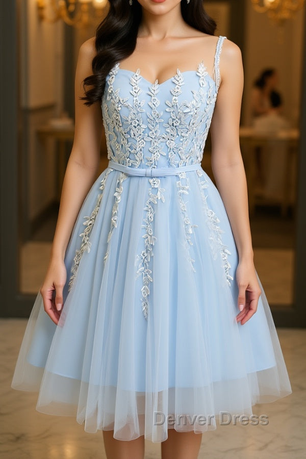 Round Neck Short Blue Lace Prom Dress, Short Blue Lace Homecoming Graduation Dresses Main image