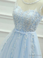 Round Neck Short Blue Lace Prom Dress, Short Light Blue Lace Prom Graduation Dresses