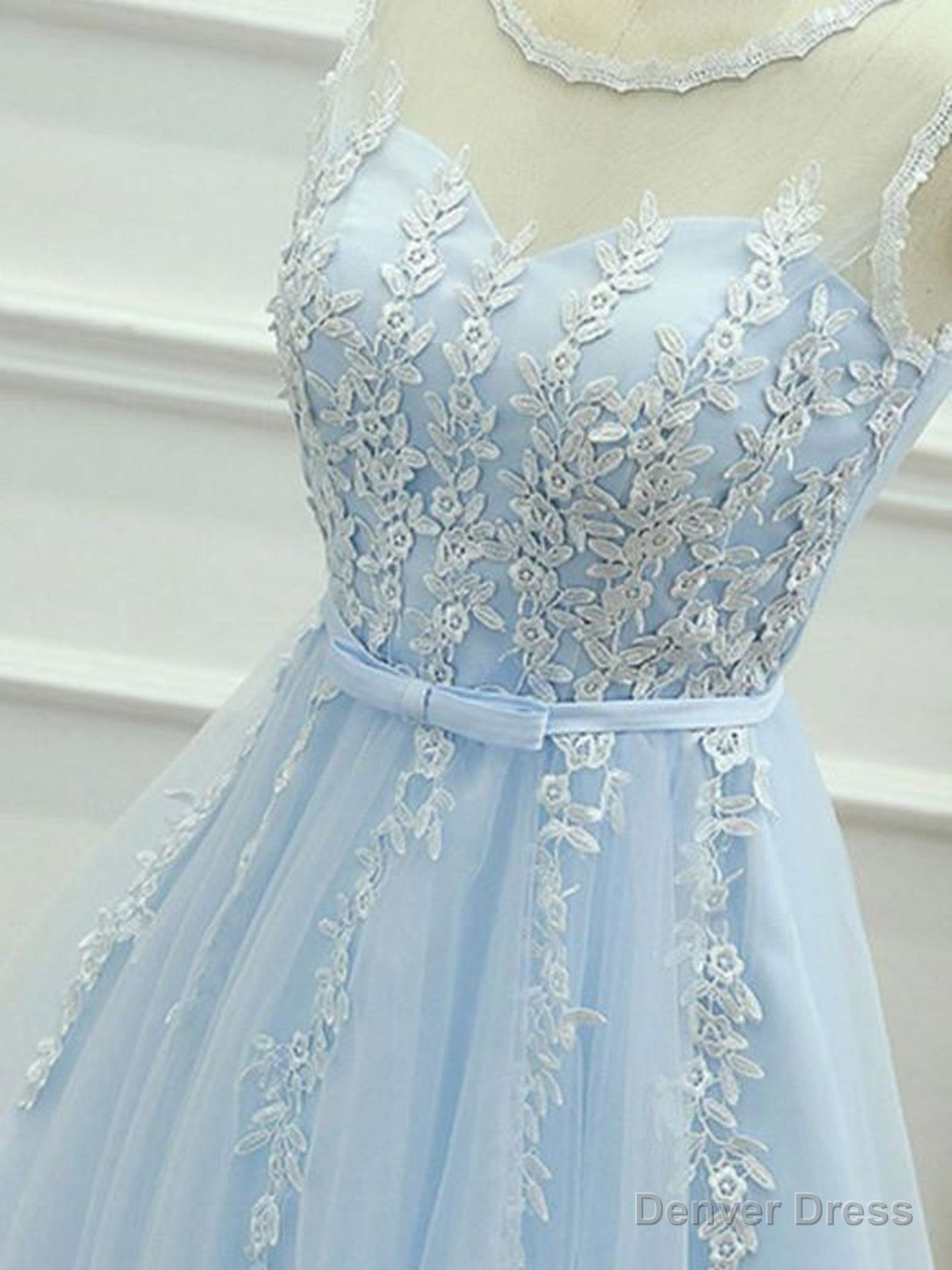 Round Neck Short Blue Lace Prom Dress, Short Light Blue Lace Prom Graduation Dresses
