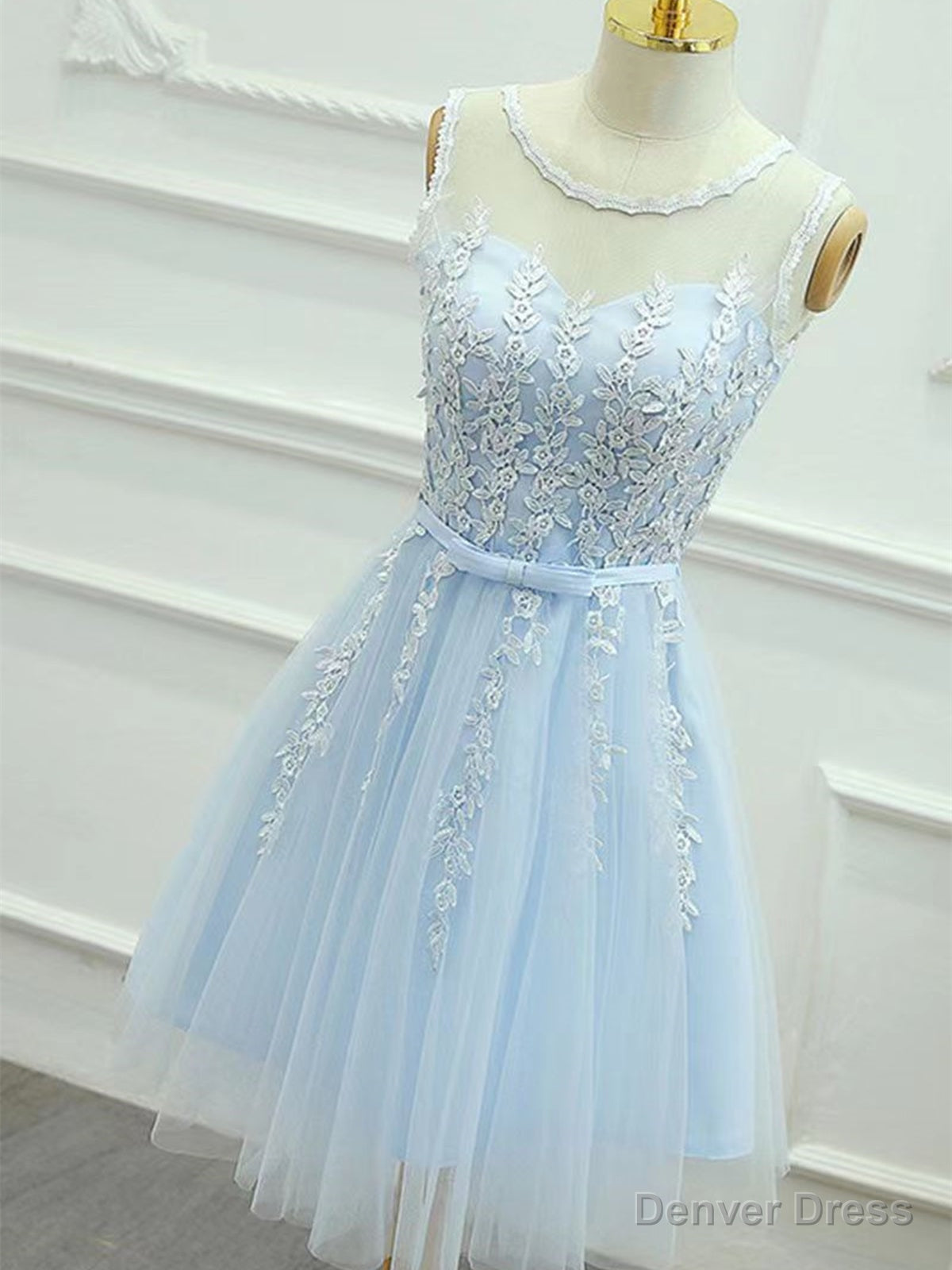 Round Neck Short Blue Lace Prom Dresses, Short Light Blue Lace Formal Graduation Dresses Main image