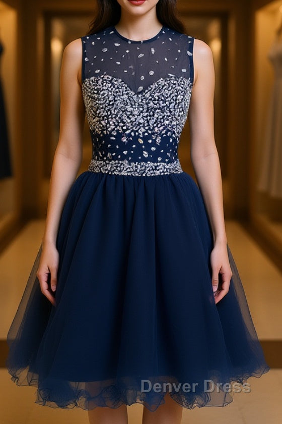Round Neck Short Dark Blue Prom Dress, Short Dark Blue Homecoming Dresses