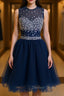 Round Neck Short Dark Blue Prom Dress, Short Dark Blue Homecoming Dresses