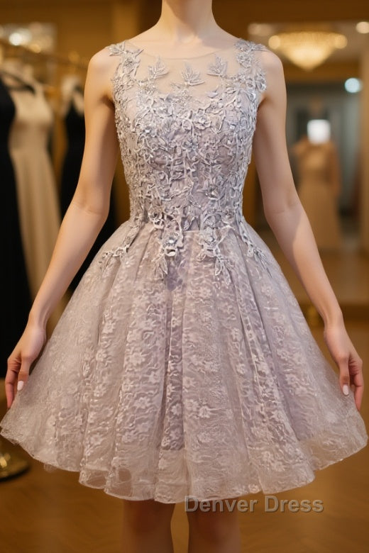Round Neck Short Gray Lace Prom Dresses, Short Gray Lace Formal Homecoming Graduation Dresses Main image