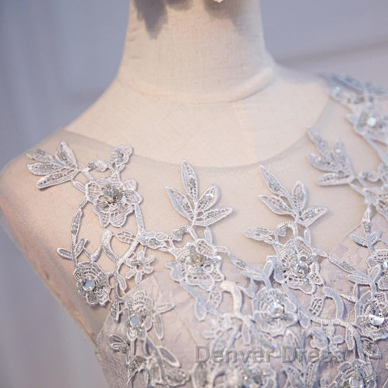 Round Neck Short Gray Lace Prom Dress, Short Gray Lace Prom Homecoming Graduation Dresses