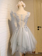 Round Neck Short Gray Lace Prom Dress, Short Grey Lace Homecoming Dresses