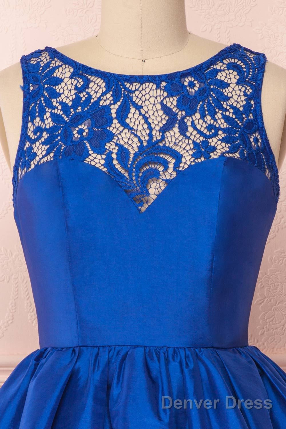 Round Neck Short Royal Blue Lace Prom Dresses, Short Royal Blue Lace Homecoming Graduation Dresses