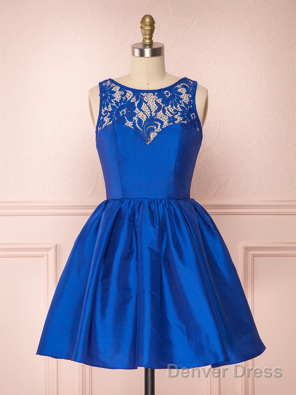 Round Neck Short Royal Blue Lace Prom Dress, Short Royal Blue Lace Homecoming Graduation Dresses Main image