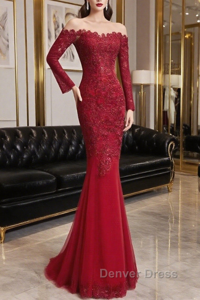 Round Neck Short Sleeves Mermaid Burgundy Lace Long Prom Dress, Mermaid Burgundy Lace Prom Dress, Wine Red Prom Dresses