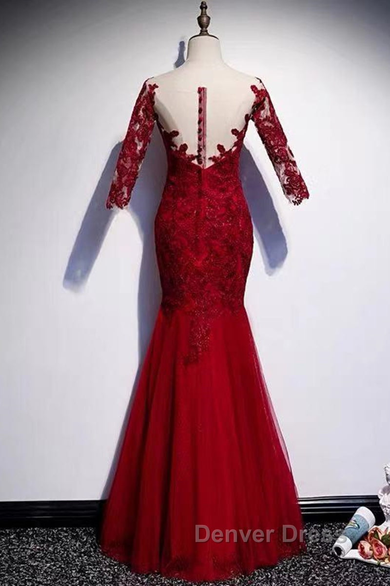 Round Neck Short Sleeves Mermaid Burgundy Lace Long Prom Dress, Mermaid Burgundy Lace Prom Dress, Wine Red Prom Dresses Secondary image