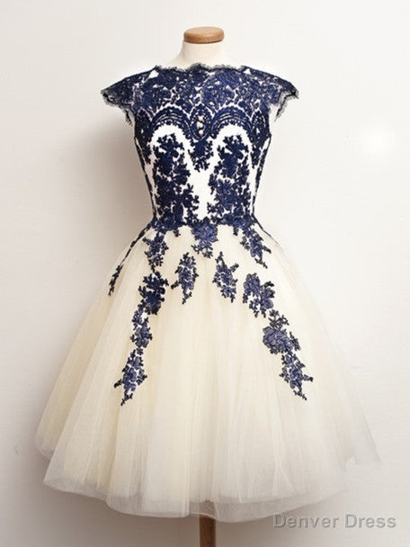 Round Neck Short White And Blue Lace Prom Dresses, Short Lace Homecoming/Graduation Dress