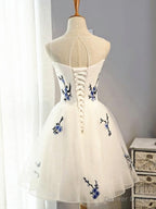 Round Neck Short White Prom Dress, Short White Floral Graduation Homecoming Dresses