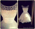 Round Neck White Short Lace Prom Dress, White Short Lace Homecoming Dress Graduation Dresses