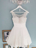 Round Neck White Short Lace Prom Dress, White Short Lace Homecoming Dress Graduation Dresses