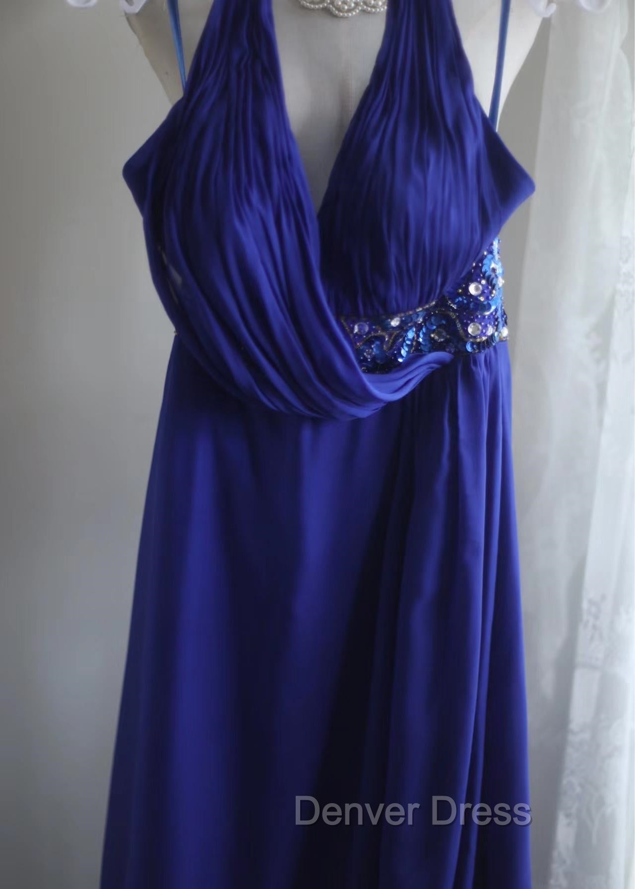 Royal Blue A-Line Halter Chiffon Satin Long Prom Dresses V-Neck Beaded Birthday Party Dresses