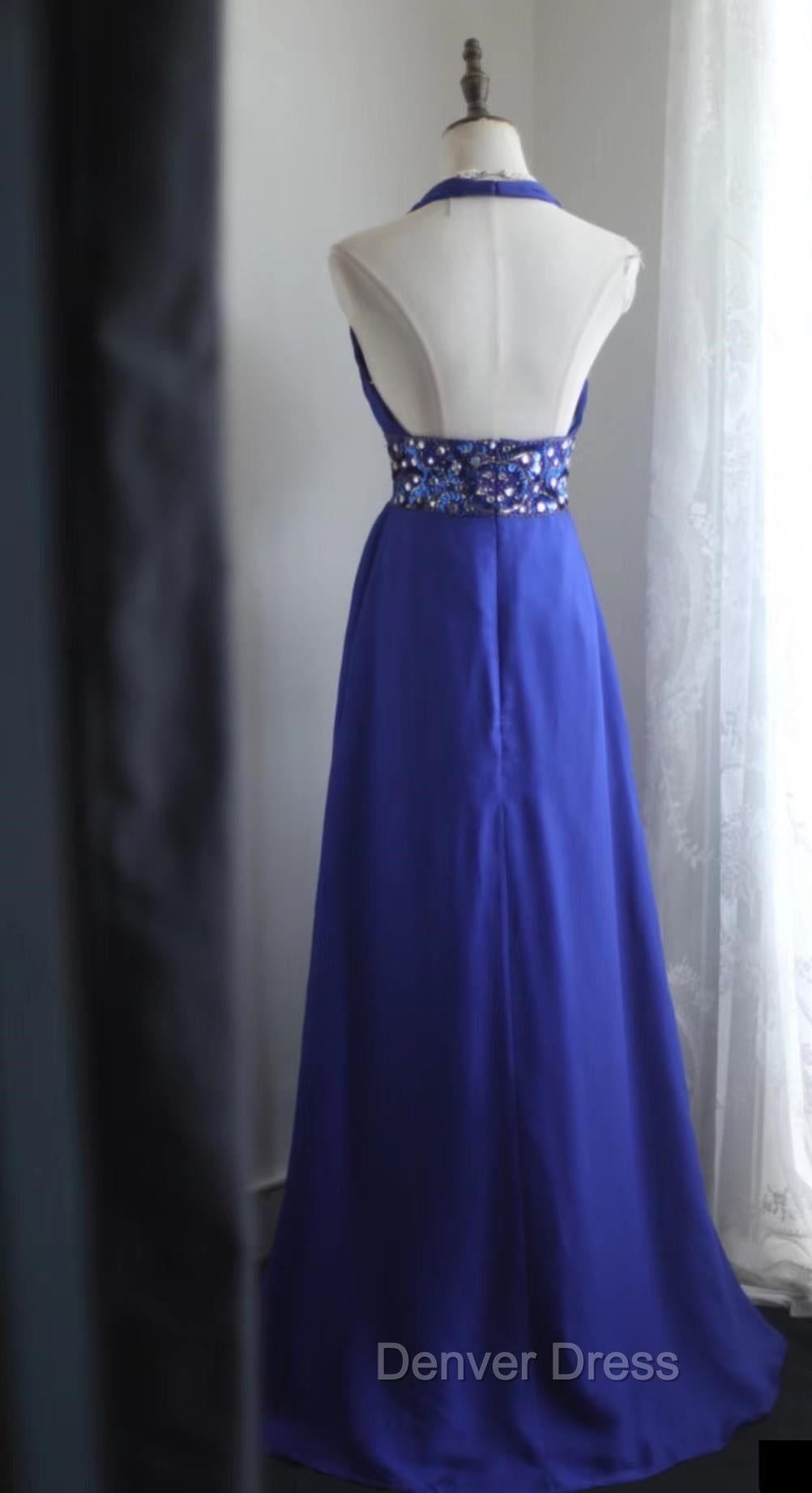 Royal Blue A-Line Halter Chiffon Satin Long Prom Dresses V-Neck Beaded Birthday Party Dresses