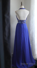 Royal Blue A-Line Halter Chiffon Satin Long Prom Dress V-Neck Beaded Birthday Party Dress