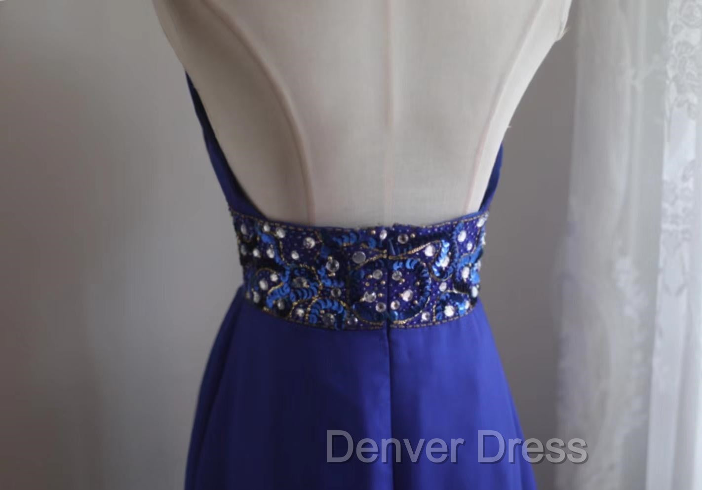 Royal Blue A-Line Halter Chiffon Satin Long Prom Dresses V-Neck Beaded Birthday Party Dresses
