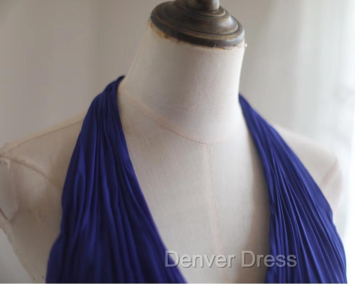 Royal Blue A-Line Halter Chiffon Satin Long Prom Dresses V-Neck Beaded Birthday Party Dresses