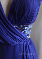 Royal Blue A-Line Halter Chiffon Satin Long Prom Dresses V-Neck Beaded Birthday Party Dresses