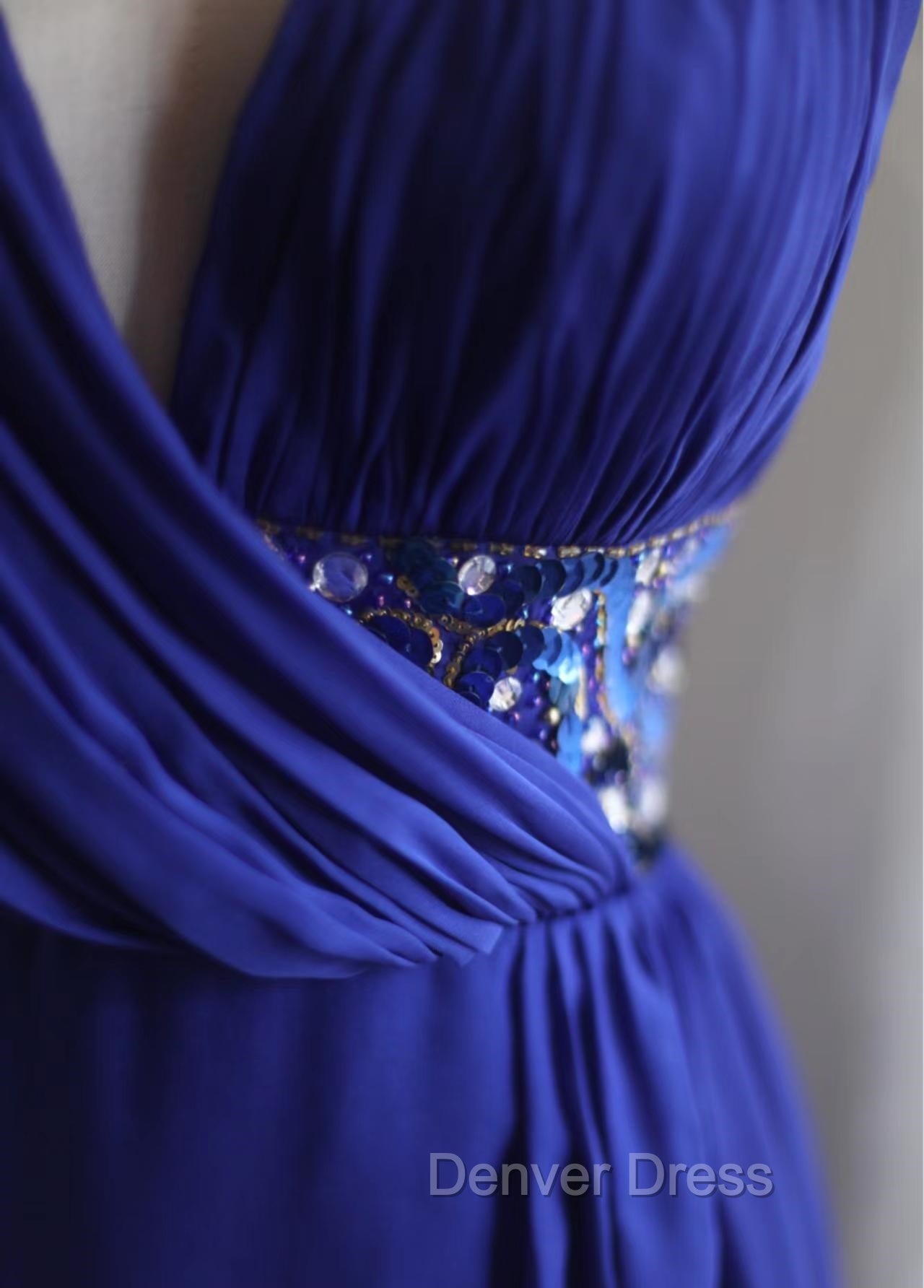 Royal Blue A-Line Halter Chiffon Satin Long Prom Dresses V-Neck Beaded Birthday Party Dresses