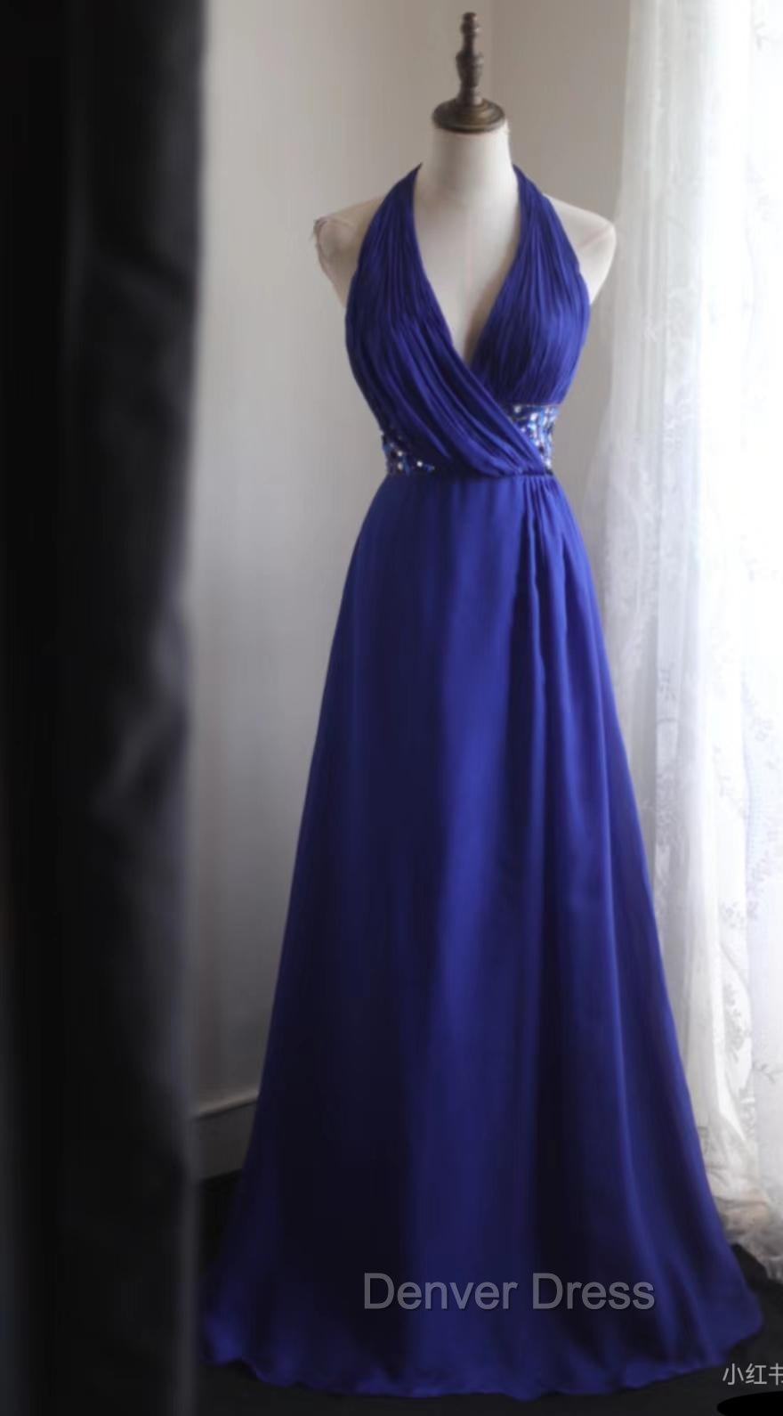Royal Blue A-Line Halter Chiffon Satin Long Prom Dresses V-Neck Beaded Birthday Party Dresses