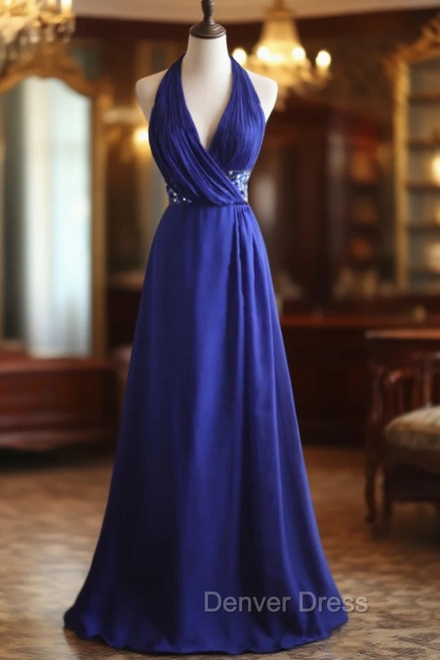 Royal Blue A-Line Halter Chiffon Satin Long Prom Dresses V-Neck Beaded Birthday Party Dresses