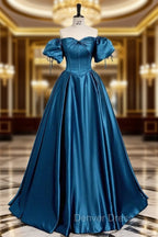 Royal Blue A Line Prom Dress Off The Shoulder Pleated Dresses