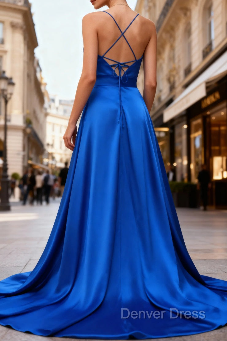 Royal Blue A Line Spaghetti Straps Satin Prom Dresses with Slit