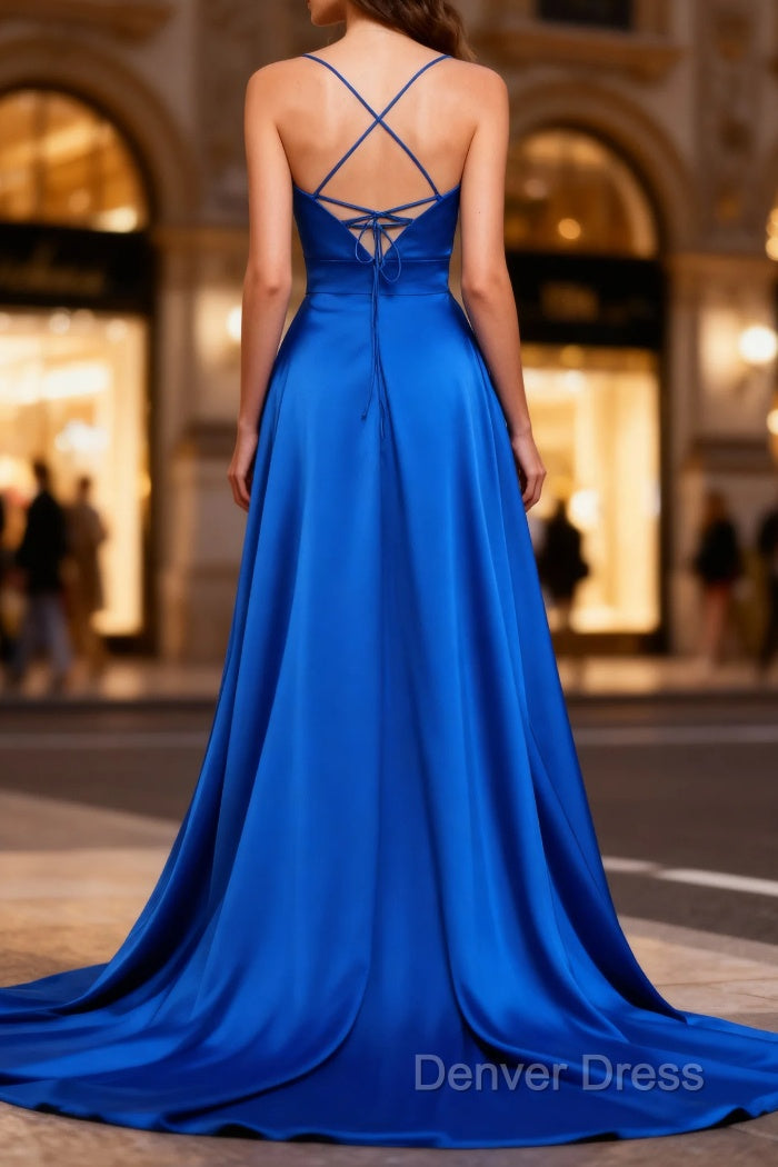 Royal Blue A Line Spaghetti Straps Satin Prom Dresses with Slit