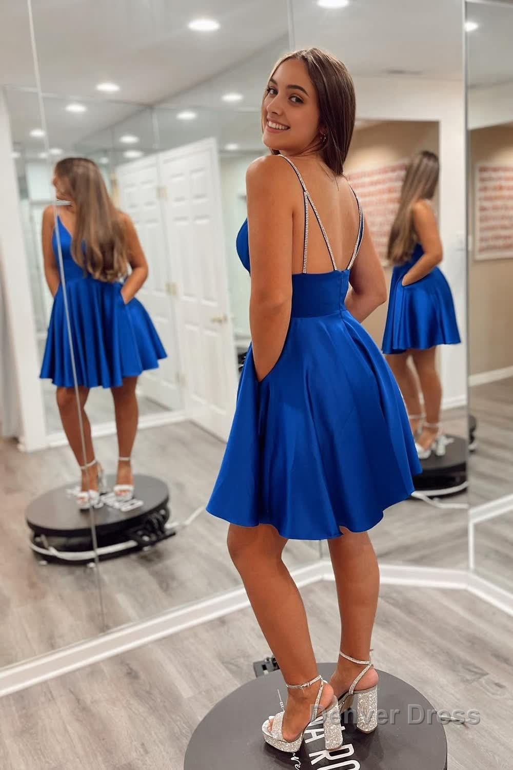 Royal Blue A Line Spaghetti Straps Short Homecoming Dresses with Pockets